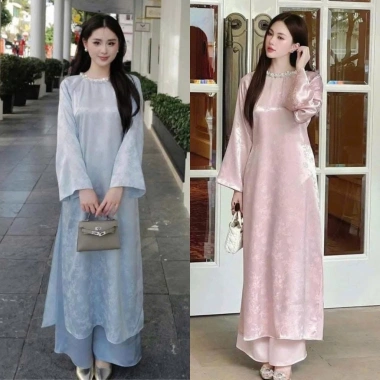 Áo Dài Lụa Gấm Hoàng Yến Cổ Tròn Đính Kết Sang Trọng Nữ Tính - Giá Tết 297.500₫