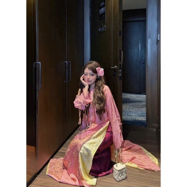 Áo dài lụa gấm tay phồng hồng vàng phối nơ tay - MIMI CLOTHING, giảm giá 539k 4