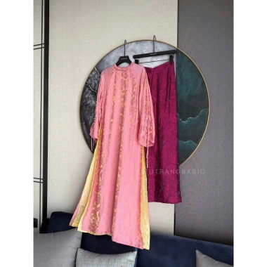 Áo dài lụa gấm tay phồng hồng vàng phối nơ tay - MIMI CLOTHING, giảm giá 539k 5
