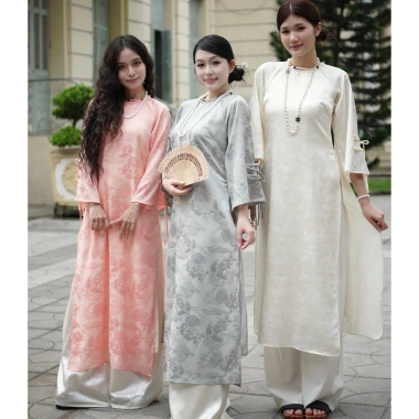 Áo Dài Lụa Tết 2.026 NV812 Form Suông Cổ Ngọc, Tay Lỡ Đính Nơ - Thanh Lịch, Giá 217.550₫ 6