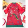 Áo dài mẹ bé gái tết đỏ phối xanh lạ mắt - Chất tơ in phụng mềm, hợp da, chụp hình tết HANA, giá ưu đãi 298.000₫ 3