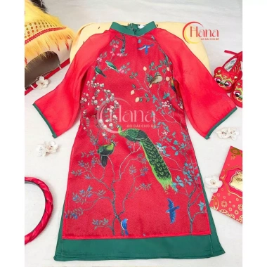 Áo dài mẹ bé gái tết đỏ phối xanh lạ mắt - Chất tơ in phụng mềm, hợp da, chụp hình tết HANA, giá ưu đãi 298.000₫ 3