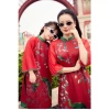 Áo dài mẹ bé gái tết đỏ phối xanh lạ mắt - Chất tơ in phụng mềm, hợp da, chụp hình tết HANA, giá ưu đãi 298.000₫ 4