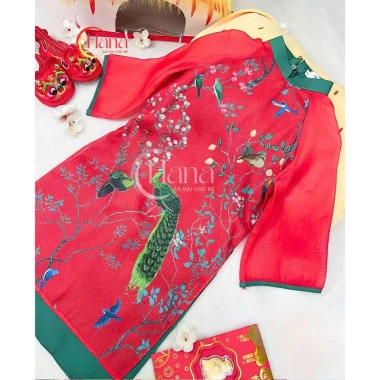 Áo dài mẹ bé gái tết đỏ phối xanh lạ mắt - Chất tơ in phụng mềm, hợp da, chụp hình tết HANA, giá ưu đãi 298.000₫ 5