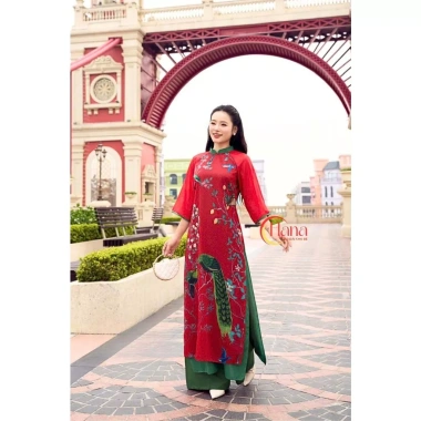 Áo dài mẹ bé gái tết đỏ phối xanh lạ mắt - Chất tơ in phụng mềm, hợp da, chụp hình tết HANA, giá ưu đãi 298.000₫ 6