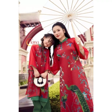 Áo dài mẹ bé gái tết đỏ phối xanh lạ mắt - Chất tơ in phụng mềm, hợp da, chụp hình tết HANA, giá ưu đãi 298.000₫ 7