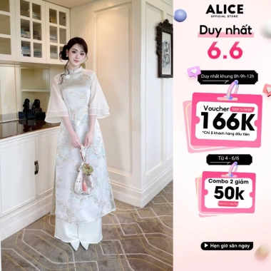Áo Dài Mộc Miên Alice Cách Tân Gấm Phối Tơ Hàn Đính Hoa Cổ Tròn Tay Lỡ Nhẹ 2 Tầng AD990 Giá 1,010,000 VND