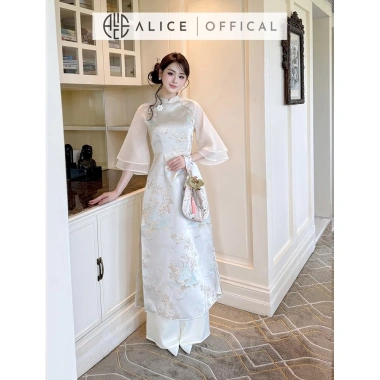 Áo Dài Mộc Miên Alice Cách Tân Gấm Phối Tơ Hàn Đính Hoa Cổ Tròn Tay Lỡ Nhẹ 2 Tầng AD990 Giá 1,010,000 VND