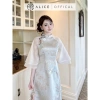 Áo Dài Mộc Miên Alice Cách Tân Gấm Phối Tơ Hàn Đính Hoa Cổ Tròn Tay Lỡ Nhẹ 2 Tầng AD990 Giá 1,010,000 VND 5