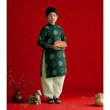 Áo Dài Nam Cách Tân Bố và Bé Trai Mặc Tết Chất Gấm Đẹp N08 – Giá chỉ 350k 4