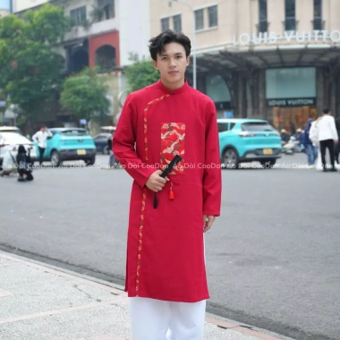 Áo dài nam cách tân form suông cổ đứng lịch lãm màu trung tính đỏ vàng trắng Tết 2.026 HCM giảm giá 360k CooDan 5