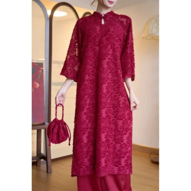 Áo dài Nguyệt Cầm Nguyệt Ngân Lana tơ lông, quần lụa latin đỏ - 839k giảm 20%