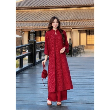 Áo dài Nguyệt Cầm Nguyệt Ngân Lana tơ lông, quần lụa latin đỏ - 839k giảm 20%