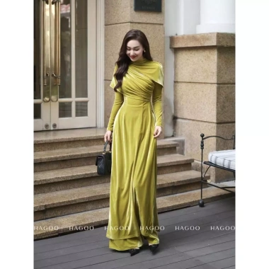 Áo dài nhung The Chun kèm quần 2 màu Đỏ - Xanh Cọm, giảm giá 374k, chất lượng cao