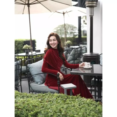 Áo dài nhung The Chun kèm quần 2 màu Đỏ - Xanh Cọm, giảm giá 374k, chất lượng cao