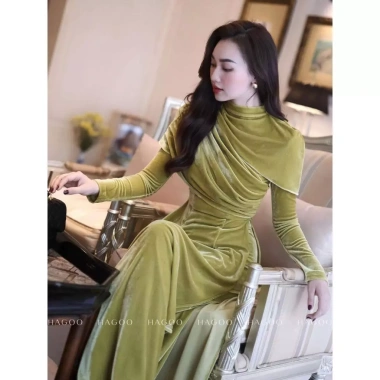 Áo dài nhung The Chun kèm quần 2 màu Đỏ - Xanh Cọm, giảm giá 374k, chất lượng cao