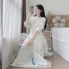 Áo dài nữ cách tân cobastudio - Quần dài suông phi lụa, cổ tròn tay lửng thêu sen, phụ kiện hoàn chỉnh cho Tết 4