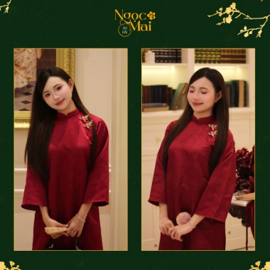 Áo dài nữ cách tân Mai Chi suông cổ cao tay lỡ gấm châu, charm chụp Tết – Ngọc Mai 316k 2