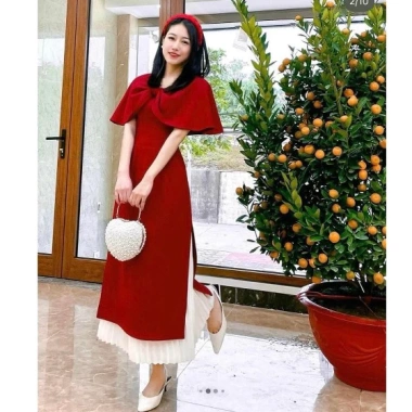 Áo dài nữ cách tân nhung cổ choàng nơ cao cấp siêu sang giảm còn 390.000đ