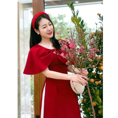 Áo dài nữ cách tân nhung cổ choàng nơ cao cấp siêu sang giảm còn 390.000đ