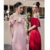 Áo dài nữ ôm hai dây trễ vai - 2 màu hồng đỏ nổi bật, kèm quần, giá chỉ 325.000đ, thiết kế tinh tế lễ hội, cho mọi dịp đặc biệt