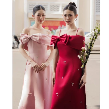 Áo dài nữ ôm hai dây trễ vai - 2 màu hồng đỏ nổi bật, kèm quần, giá chỉ 325.000đ, thiết kế tinh tế lễ hội, cho mọi dịp đặc biệt 3