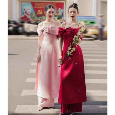 Áo dài nữ ôm hai dây trễ vai - 2 màu hồng đỏ nổi bật, kèm quần, giá chỉ 325.000đ, thiết kế tinh tế lễ hội, cho mọi dịp đặc biệt 4