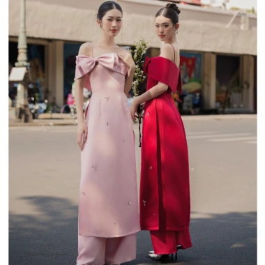 Áo dài nữ ôm hai dây trễ vai - 2 màu hồng đỏ nổi bật, kèm quần, giá chỉ 325.000đ, thiết kế tinh tế lễ hội, cho mọi dịp đặc biệt 5