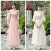 Áo dài nữ quần dài lụa suông, tay lửng cổ trụ, thêu 2 lớp, nút bọc tơ - Cobastudio 193k