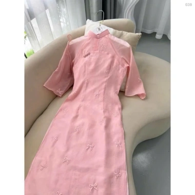 Áo dài nữ quần dài lụa suông, tay lửng cổ trụ, thêu 2 lớp, nút bọc tơ - Cobastudio 193k 3