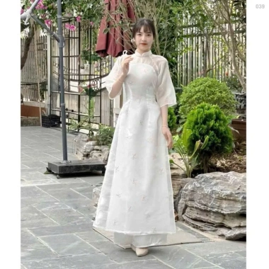 Áo dài nữ quần dài lụa suông, tay lửng cổ trụ, thêu 2 lớp, nút bọc tơ - Cobastudio 193k 4