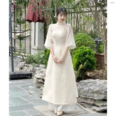Áo dài nữ quần dài lụa suông, tay lửng cổ trụ, thêu 2 lớp, nút bọc tơ - Cobastudio 193k 6