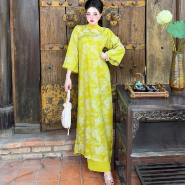 Áo dài nữ Tết hiện đại gấm in họa tiết tay lỡ Size 40-52kg - Giá ưu đãi 335.000₫