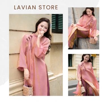 Áo dài nữ tơ ánh kim 4 tà dáng suông đính cúc sò + quần, LAVIAN AD34 cách tân Tết, giảm 434.900₫