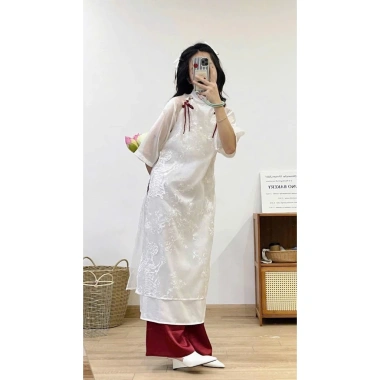 Áo dài nữ voan lụa tơ thêu hoa, dáng suông đính nơ kèm quần lụa, chỉ 285k 8 Áo dài nữ voan lụa tơ thêu hoa, dáng suông đính nơ kèm quần lụa, chỉ 285k 8
