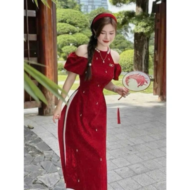 Áo dài Tết 2.026 cách tân nữ freesize, nhung tay phồng sang trọng - Giá 51.680₫