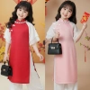 Áo dài Tết bé gái 9‑42kg gấm phối voan tơ mềm, tặng chuôi và cài tóc – Giá ưu đãi 179k