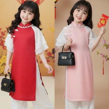 Áo dài Tết bé gái 9‑42kg gấm phối voan tơ mềm, tặng chuôi và cài tóc – Giá ưu đãi 179k