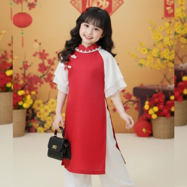 Áo dài Tết bé gái 9‑42kg gấm phối voan tơ mềm, tặng chuôi và cài tóc – Giá ưu đãi 179k