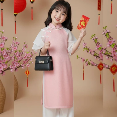 Áo dài Tết bé gái 9‑42kg gấm phối voan tơ mềm, tặng chuôi và cài tóc – Giá ưu đãi 179k
