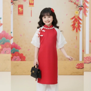 Áo dài Tết bé gái 9‑42kg gấm phối voan tơ mềm, tặng chuôi và cài tóc – Giá ưu đãi 179k