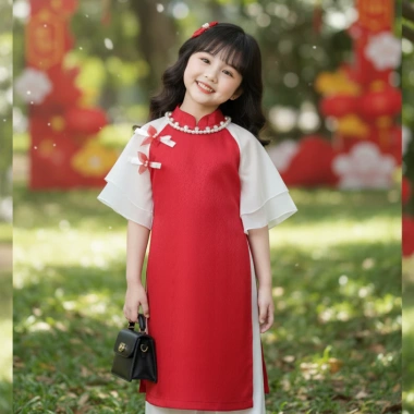 Áo dài Tết bé gái 9‑42kg gấm phối voan tơ mềm, tặng chuôi và cài tóc – Giá ưu đãi 179k