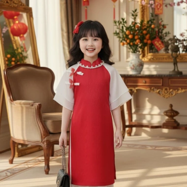 Áo dài Tết bé gái 9‑42kg gấm phối voan tơ mềm, tặng chuôi và cài tóc – Giá ưu đãi 179k