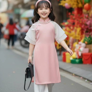 Áo dài Tết bé gái 9‑42kg gấm phối voan tơ mềm, tặng chuôi và cài tóc – Giá ưu đãi 179k