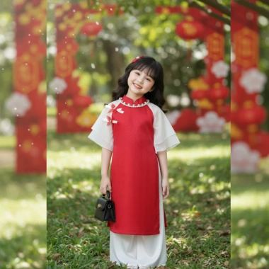 Áo dài Tết bé gái 9‑42kg gấm phối voan tơ mềm, tặng chuôi và cài tóc – Giá ưu đãi 179k