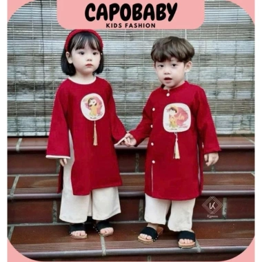 Áo dài Tết bé gái chữ AN tua rua cách tân, thêu họa tiết, cỡ 8‑28kg, giảm giá 95k