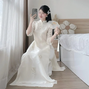 Áo Dài Tết Cách Tân Lụa Cao Cấp Thêu Hoa 3D Dáng Suông Sang Trọng Nữ Tính Dự Tiệc Giảm tới 22% 3