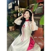 Áo dài tết cách tân tay ngắn họa tiết, kèm quần tuyết nhung nữ tính D713 - Thiết kế tinh tế, phù hợp ngày Tết, giá chỉ 221.000₫