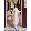 Áo dài tết nữ voan ánh kim họa tiết hoa anh đào, cổ cao tay lững, kèm quần dài phi lụa - mẫu mới giảm giá 2