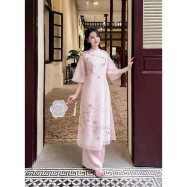 Áo dài tết nữ voan ánh kim họa tiết hoa anh đào, cổ cao tay lững, kèm quần dài phi lụa - mẫu mới giảm giá 2